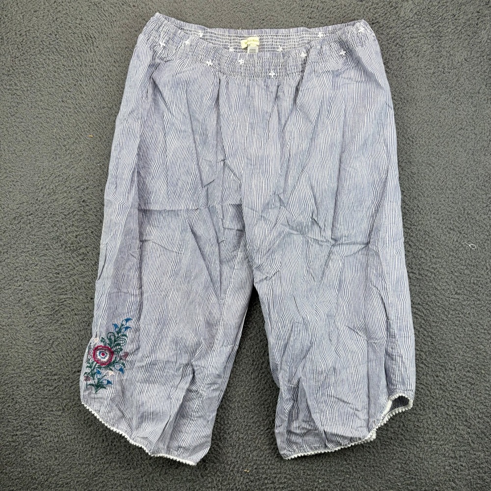 World Market Womens L/XL Blue White Striped Cotton Embroidered Crop Pants‎ Boho